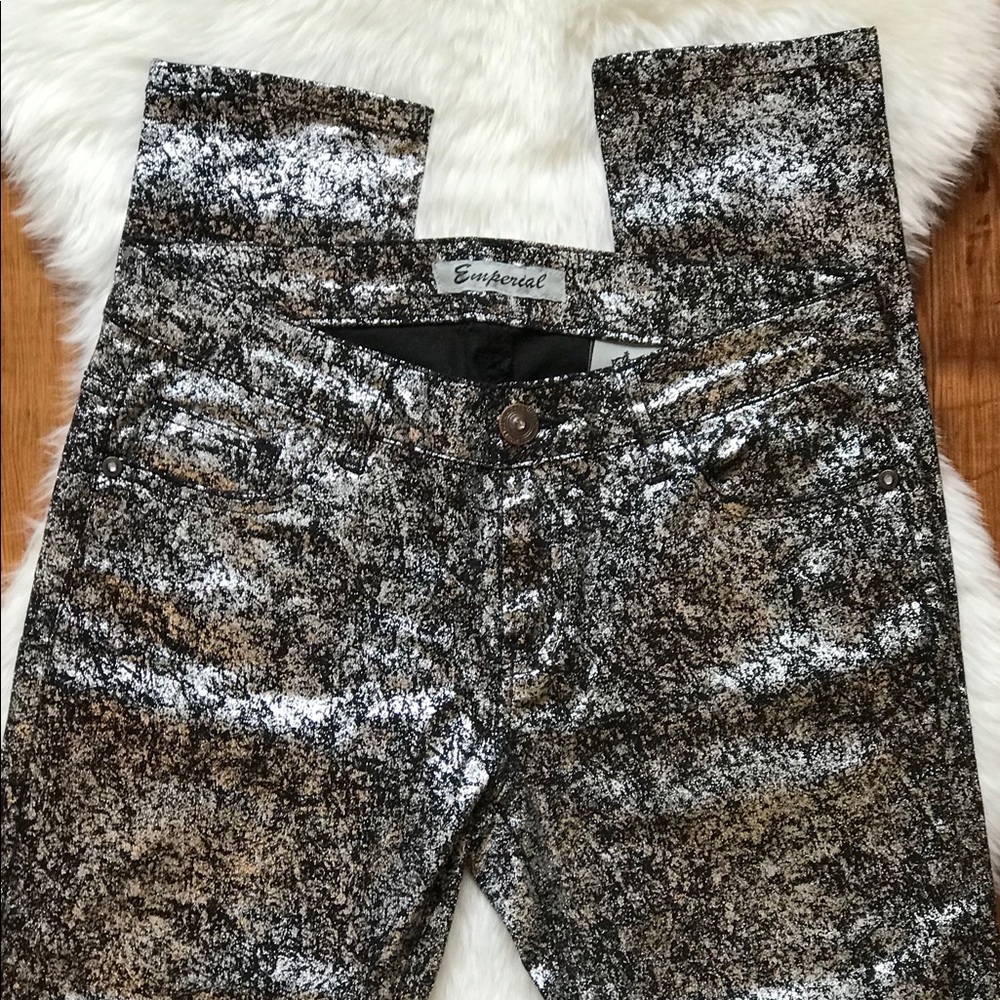 Metallic Skinny Jeans with rhinestone accents